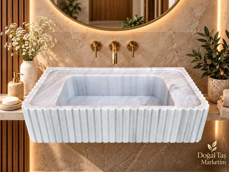 Carrara Beyaz Mermer Duvara Monte Lavabo