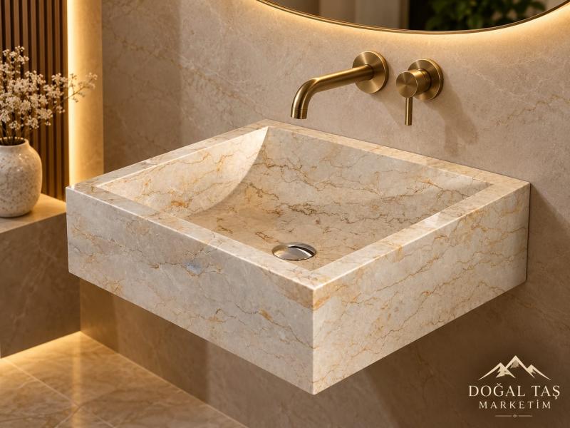 Krem Bej Mermer Lavabo - Yay Model Banyo Lavabosu