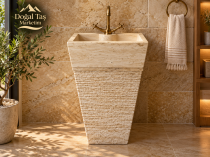 Traverten Dikey Lavabo, Ayaklı Doğal Taş Banyo Lavabosu, Dokulu Pedestal Lavabo