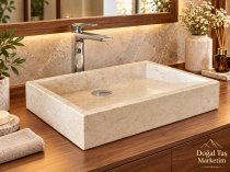 Bej Mermer Lavabo – Doğal Taş Zarafetiyle Modern ve Lüks Banyo Tasarımı