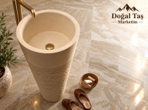 Limra Doğal Taş Pedestal Lavabo – Bej Dikey Ayaklı Banyo Lavabosu, Eskitme Dokulu Lüks Tasarım