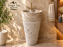 Traverten Dikey Lavabo, Ayaklı Doğal Taş Lavabo, Dokulu Pedestal Lavabo