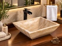 Traverten Lavabo - Dışı Kare İçi Çanak Banyo Lavabosu