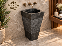 Siyah Doğal Taş Dikey Lavabo, Ayaklı Pedestal Lavabo, Dokulu Mermer Banyo Lavabosu